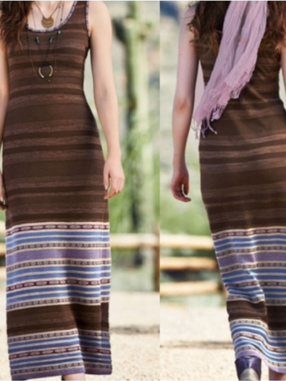 Peruvian Connection Brown Maxi Dress with Blue Striped Hem